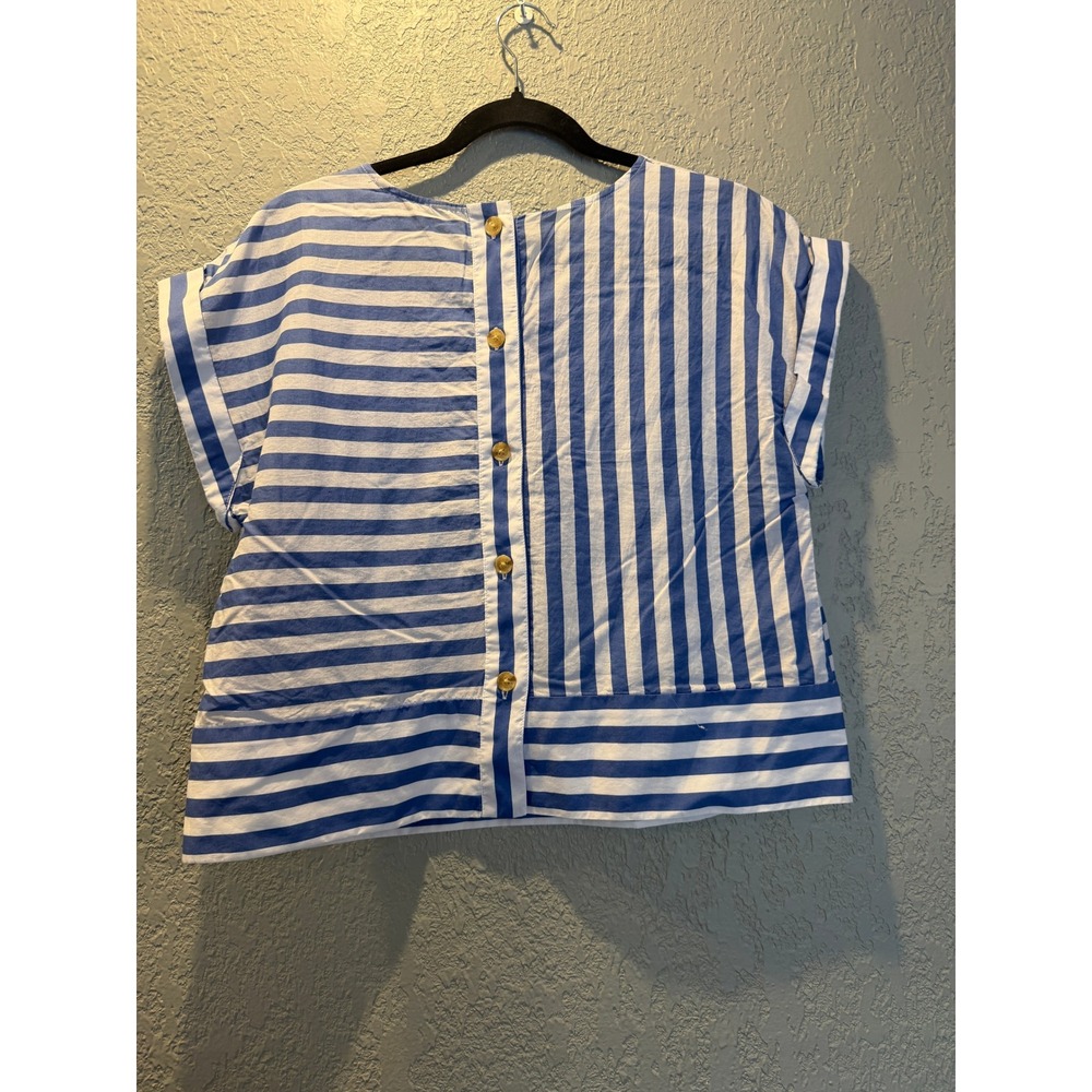 Banana Republic Womens Blue White Mixed Stripe Button Back Short Sleeve Blouse M - Picture 3 of 4